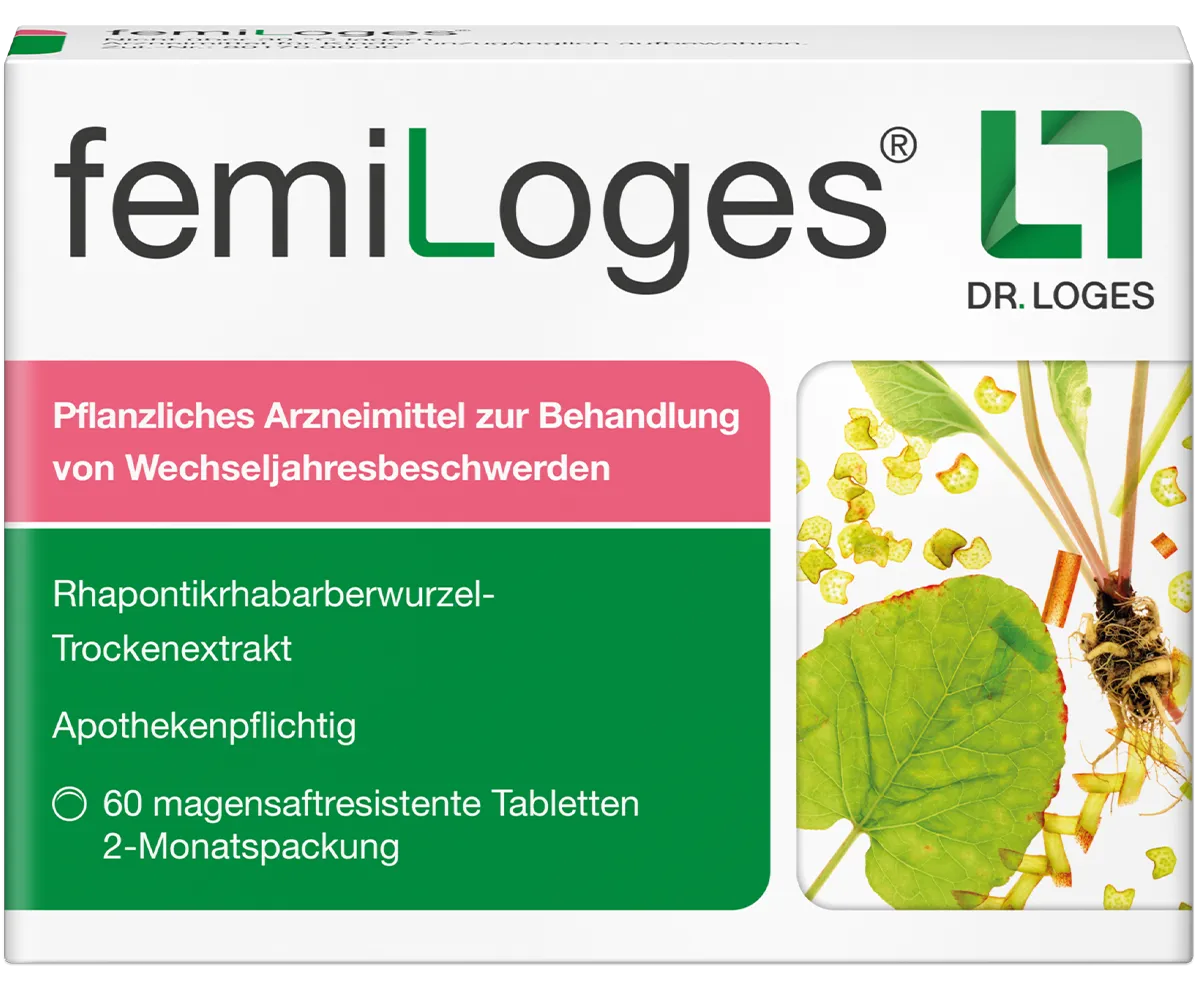 Verpackung von femiLoges – pflanzliches Arzneimittel zur Behandlung von Wechseljahresbeschwerden 
