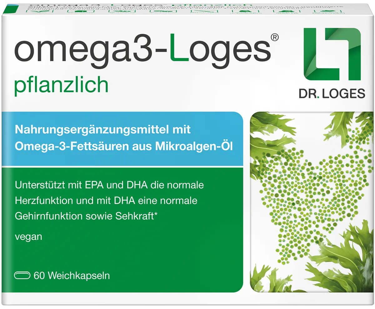 Verpackung von omega3-Loges pflanzlich – veganes Omega-3 Nahrungsergänzungsmittel aus Alegenöl
