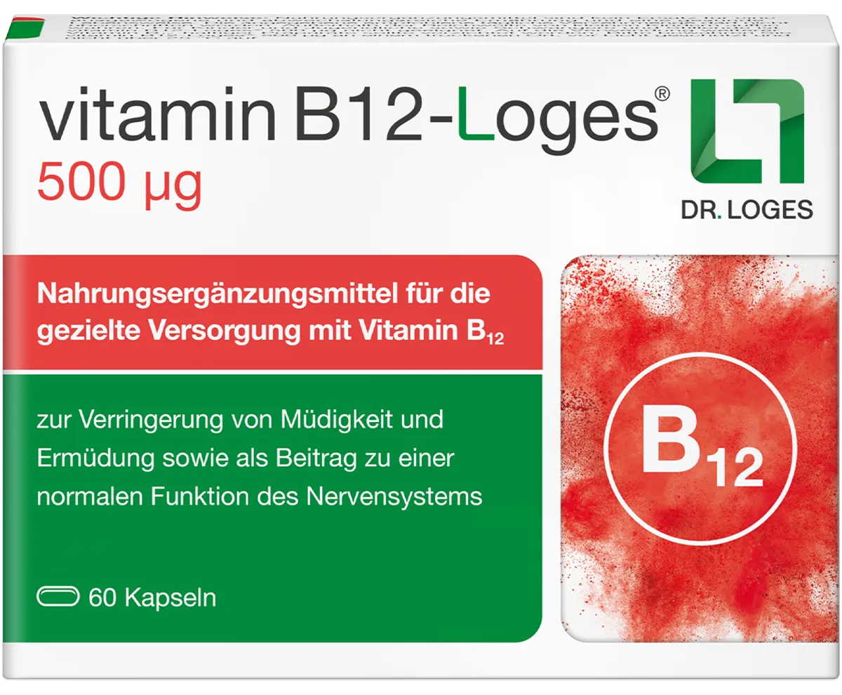 Verpackung von vitamin B12-Loges 500 ug – Vitamin B12 Kapseln zur Verringerung von Müdigkeit, Erschöpfung und Antriebslosigkeit
